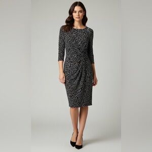 Lauren Ralph Laurent Black Brown Polka Dot Cowl Neck Ruched Waist Dress ~ 10